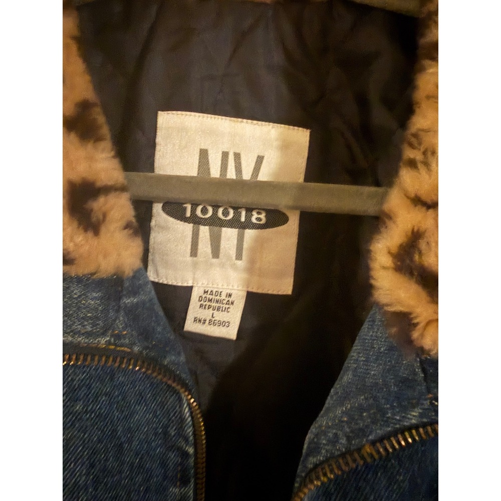 Y2K NY 10018 Denim Jacket Leopard Faux Fur Collar Quilted Lined Blue Zip Up - Picture 3 of 5
